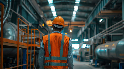 Following Shot of Heavy Industry Engineers Walking Through Manufacturing Factory. In the Background Professionals Working on Construction of Oil, Gas and Fuel Pipeline Transportation Products