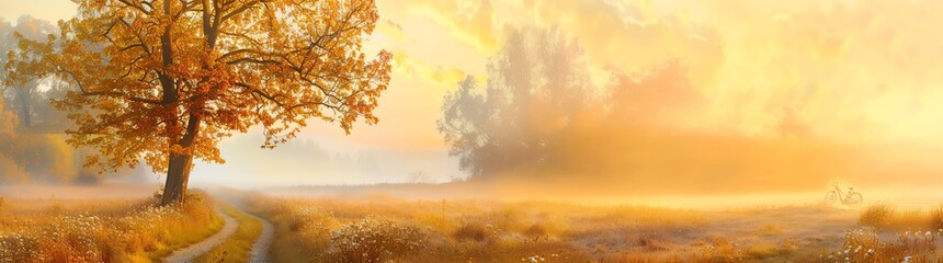 Panoramic view of a misty morning sunrise in the autumn countryside with a bicycle on the path, golden light, trees and fields, a misty landscape.