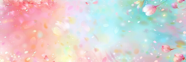 Cute pastel pink and baby blue gradient background with flying cherry blossom petals, Delicate cherry blossoms with pastel background in soft focus creating a dreamy and serene floral scene
