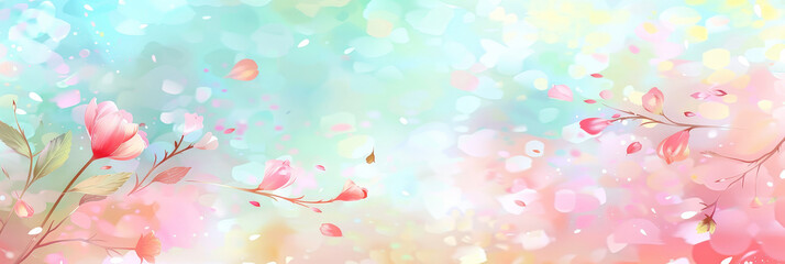 Cute pastel pink and baby blue gradient background with flying cherry blossom petals, Delicate cherry blossoms with pastel background in soft focus creating a dreamy and serene floral scene
