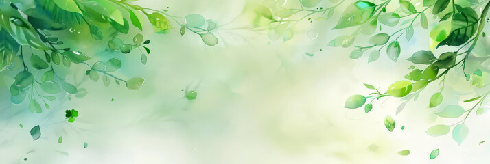 Fototapeta premium Watercolor green pastel leaves background.Lush green foliage on soft pastel background with watercolor effect, creating a serene and tranquil nature-inspired scene