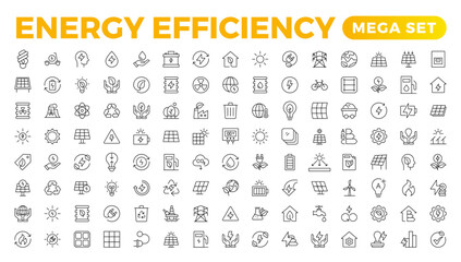 Energy efficiency icon set. Calculator, energy-saving light bulb, piggy bank, solar panel, circular economy, battery, home insulation, energy class vector illustration