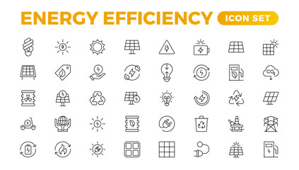 Energy efficiency icon set. Calculator, energy-saving light bulb, piggy bank, solar panel, circular economy, battery, home insulation, energy class vector illustration