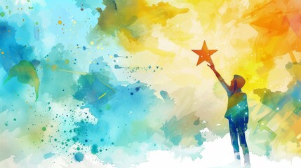 Child reaching for star in watercolor art - A whimsical watercolor representation of a child reaching for a star amidst splashes of color, signifying aspiration