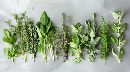 Assorted fresh herbs laid out on a marble surface - An array of fresh culinary herbs laid flat on a white marble surface for display and identification