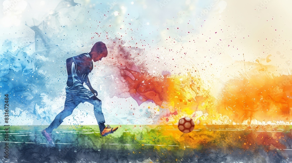 Poster watercolor soccer player in a striking pose - an athlete in a striking pose on a soccer field with w