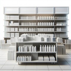 AI Generate of Mockup Supermarket Shelves with mockup blank goods in 3D render.	
