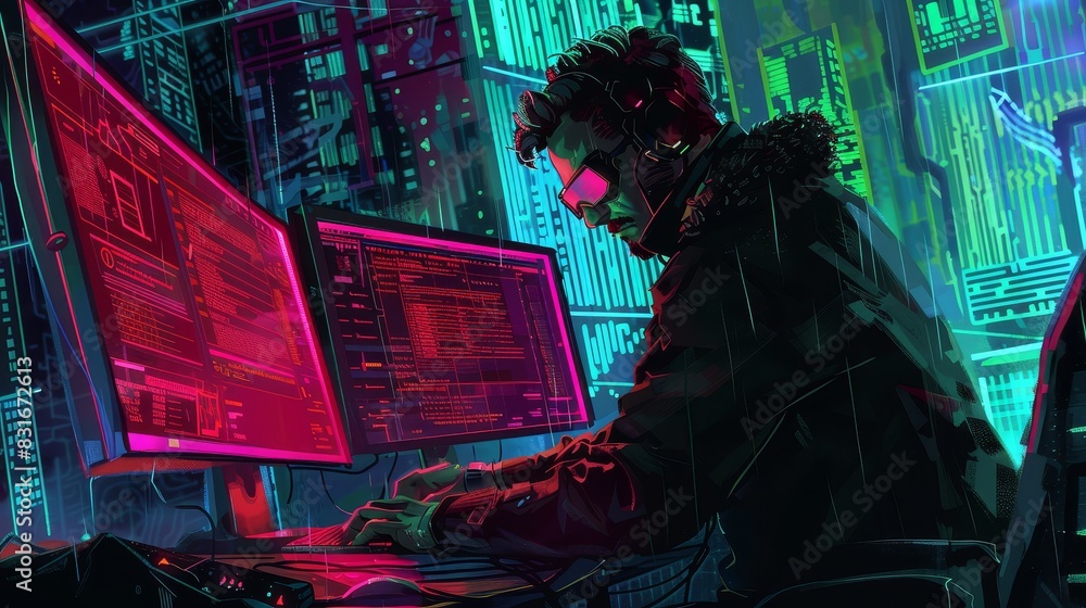 Poster neon-lit hacker at work in digital space - an illustration of a cyber hacker in a dark room illumina