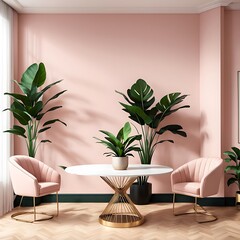  Peach fuzz 2024 trend color of the year in the luxury dining lounge room. Painted mockup wall for art terracotta color. Mockup modern room design interior home. Accent trend details chair. 3d render