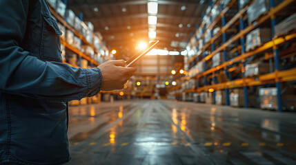 A person is holding a tablet in a warehouse. The warehouse is very large and has many shelves. The person is looking at the tablet, which could be a computer or a smartphone