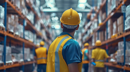 A man in a yellow safety vest is walking through a warehouse. There are other people in the background, but the main focus is on the man in the yellow vest. Concept of safety and caution