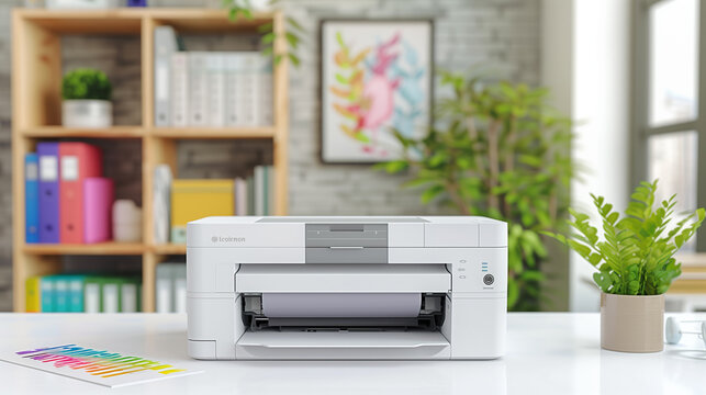 Modern laser printer in white on office desk.
