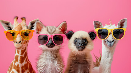 Animal disco party of young zoo creatures, wearing sun glasses. 