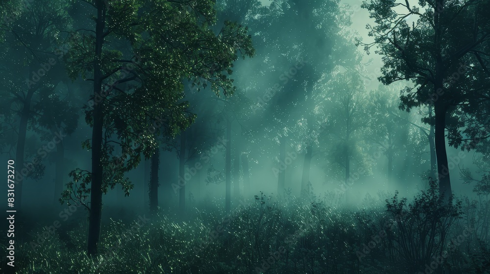 Poster mysterious forest with fog and light - eerie fog envelops a forest, with light streaming through the
