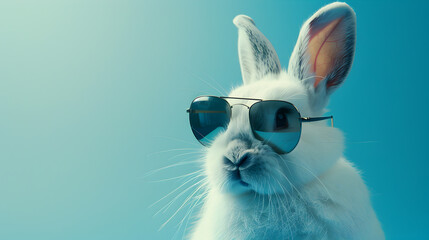 white rabbit with sunglass on blue background with copyspace