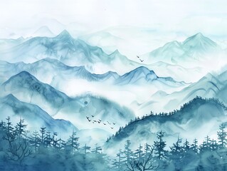 Traditional Chinese watercolor landscape with mountains and mist on wash paper, flowing lines, wide angle view, calming atmosphere