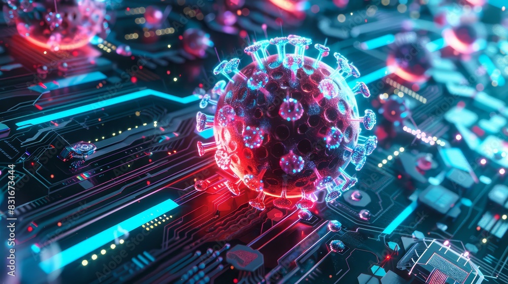 Poster virus particle in digital environment - highly detailed image of a stylized digital virus particle, 