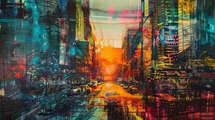 A surreal cityscape with buildings made of colorful glass and metal