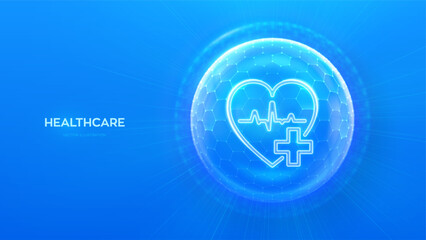 Healthcare. Health insurance. Heart with cross icon inside transparent protection sphere shield with hexagon pattern on blue background. Health Care and Medical services concept. Vector illustration.