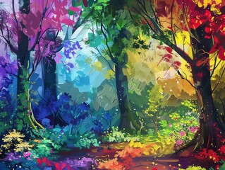 An enchanted forest with trees that have glowing leaves in every color of the rainbow The forest floor is a vibrant mix of flowers and plants