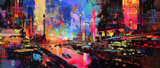 A futuristic city with buildings in bold