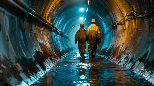 Sanitation workers working inside large underground drain pipe canal system.