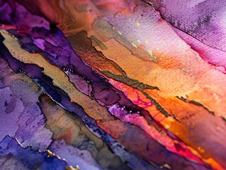 Naklejka premium Nature inspired abstract watercolor landscape, vibrant hues, close up macro shot of textures, rich colors, soft lighting