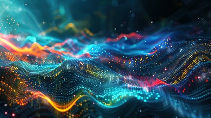 Fototapeta premium Stream data wave. Glowing neon wave lines and bokeh lights data transfer concept