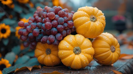 A vibrant display of fresh, dew-covered yellow pumpkins and ripe red grapes amidst a beautiful garden setting, captured in a crisp autumn landscape