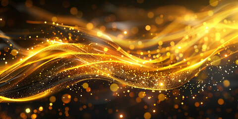 Elegant flowing light trails in gold and white hues against a dark background creating a sense of graceful movement and fluidity with sparkling particles adding a touch of magic and sophistication
