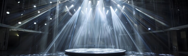 display product podium in dark room, with the lights shine on top and smoke