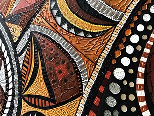 Traditional Aboriginal dot art, earthy tones and geometric designs, close up view, high detail, soft lighting