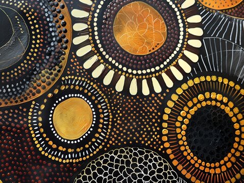 Traditional Aboriginal dot art, earthy tones and geometric designs, close up view, high detail, soft lighting
