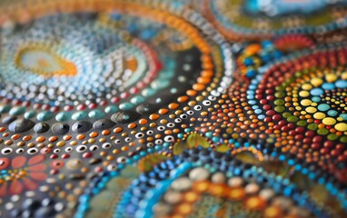 Aboriginal dot painting with vibrant and earthy tones, abstract patterns, close up view, sharp focus, natural light