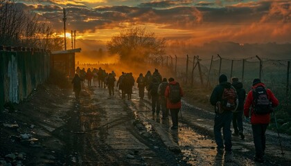 Pilgrims Setting Off on a Muddy Sunrise Path, Rustic Landscape - AI generated digital art