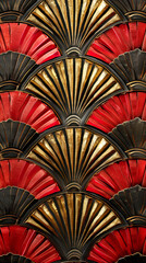 Art Deco Pattern Background with Gold and Red Fans, Elegant Design