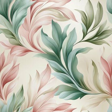 Pastel Green and Pink Leaf Pattern with Intricate Veining and Subtle Shading - AI generated digital