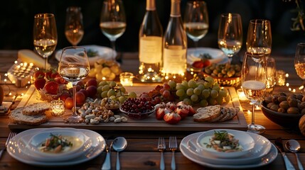 An elegant evening outdoor dinner featuring an array of delectable fruits, bread, and wine glasses beautifully set on a rustic wooden table