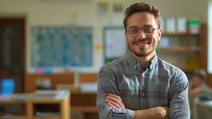Portrait of male teacher, standing and smiling at camera.