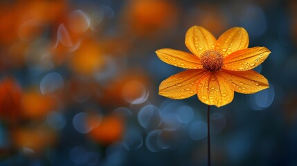 A single dew-kissed, vibrant orange flower stands out against a beautifully blurred background of similar flowers, creating a stunning contrast in nature's masterpiece