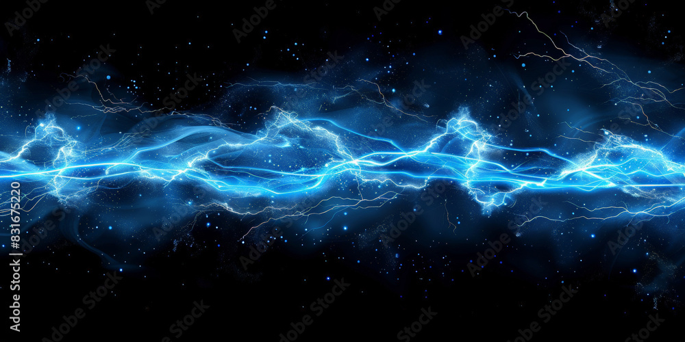 Poster powerful electric current with vibrant blue lightning bolts arcing across a dark background creating