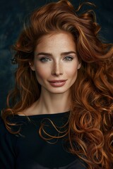 Fototapeta premium A stunning portrait of a young woman with long, wavy red hair wearing a black top, captured with a deep, dark background highlighting her natural features and expression
