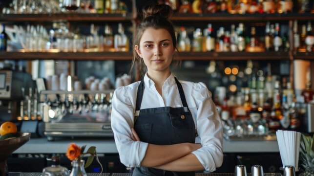 Woman bartender working in restaurant.
