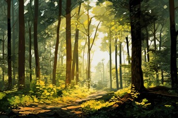 Obraz premium Sunlit Green Canopy Looking Up at Tall Trees in the Forest