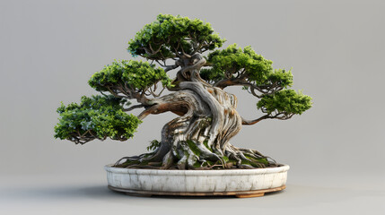 old ancient bonsai tree in a pot with white background