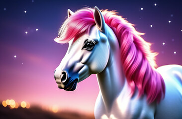 Fototapeta premium A cute white horse with a pink mane on a pink starry sky background.