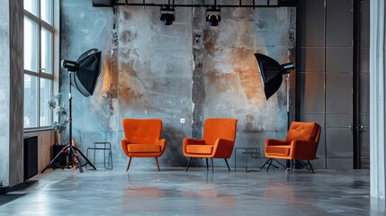 Orange chairs in a professional photo studio - Three vibrant orange chairs set in a minimalist photography studio with grey walls and professional lighting equipment