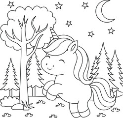 PrintCute kawaii unicorn in the forest coloring page for kids. Animal outline doodle colouring page isolated on white background. Wild animal coloring book for kids