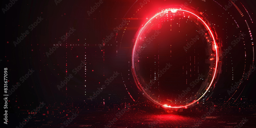 Poster abstract red circular digital vortex on dark background showcasing high-tech design and futuristic e