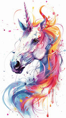 Expressive watercolor unicorn head painting - Dynamic and colorful unicorn head painted in expressive watercolor style